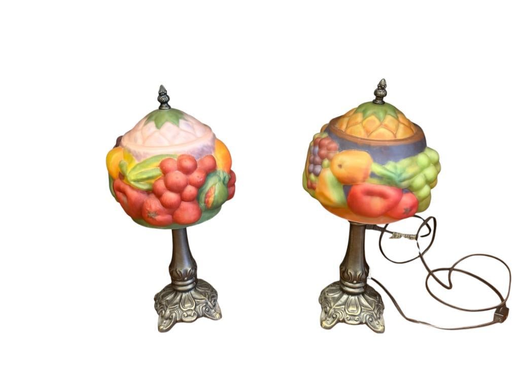 PAIRPOINT STYLE REVERSE HAND PAINTED SCULPTED GLASS TABLE LAMPS FRUIT DESIGN (1 of 7)