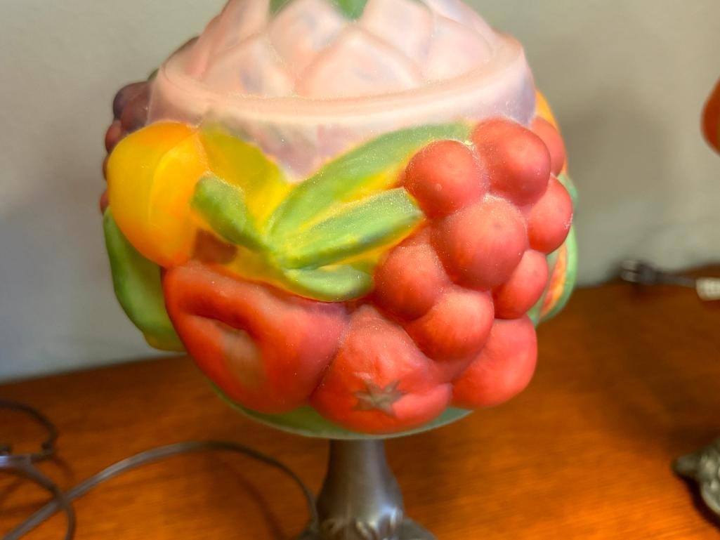 PAIRPOINT STYLE REVERSE HAND PAINTED SCULPTED GLASS TABLE LAMPS FRUIT DESIGN - 3