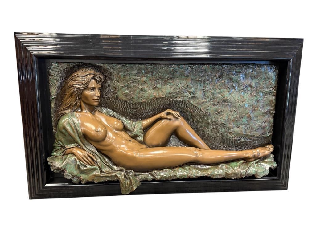 BILL MACK AMERICAN CONTMEPORARY ARTIST BONDED BRONZE ARTIST PROOF 3D NUDE SCULPTURE FASCINATION:  AP 6/25, 3D ART DEPICTS NUDE WOMAN LAYING DOWN IN ROBE, SIGNED UPPER RIGHT, LARGE 74" X 44" FRAME