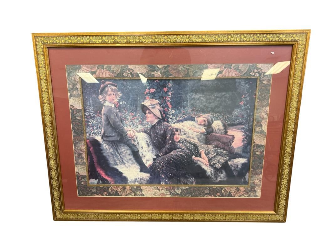 JAMES TISSOT FRENCH ARTIST LARGE DECOR PRINT TITLED THE GARDEN BENCH: ART DEPICTS MOTHER AND CHILDREN ON A BENCH GARDEN SETTING, FRAMED 44" X 34" FRAME