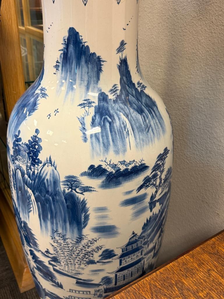 TALL BLUE AND WHITE CERAMIC CHINESE STYLE FLOOR VASE - 11