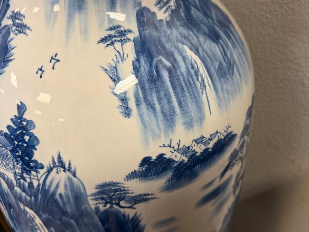 TALL BLUE AND WHITE CERAMIC CHINESE STYLE FLOOR VASE - 12