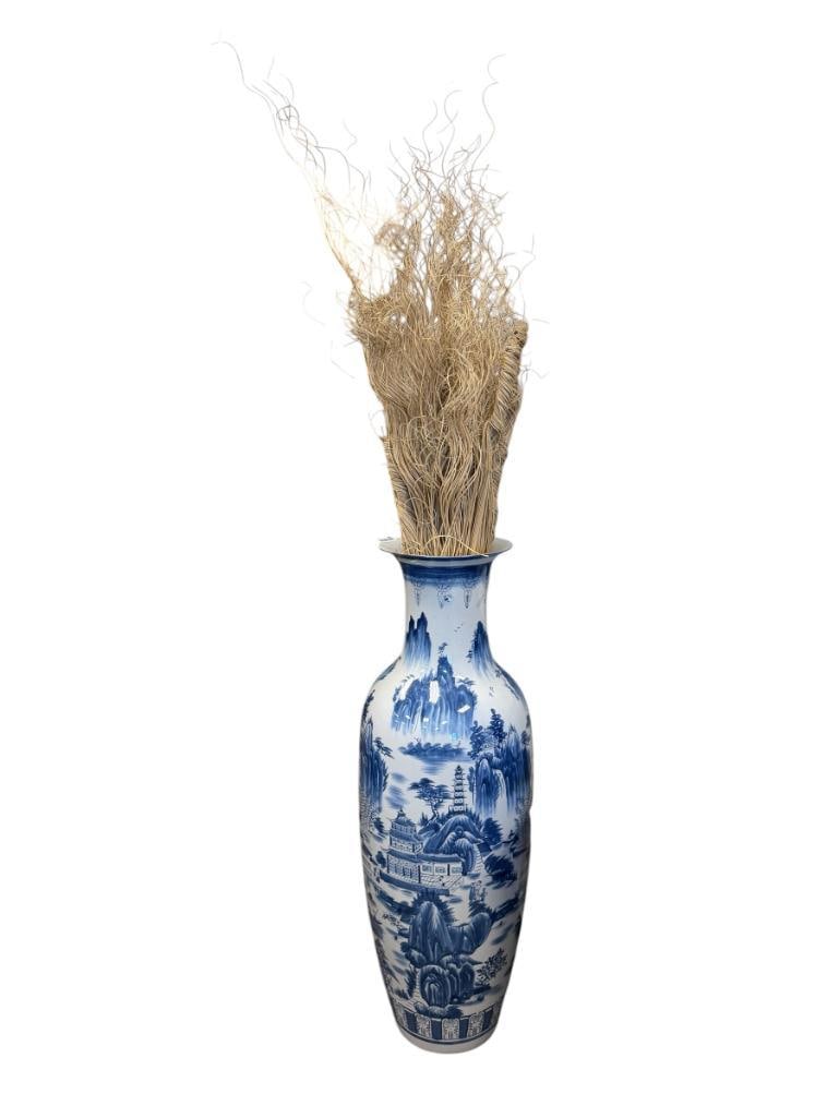 TALL BLUE AND WHITE CERAMIC CHINESE STYLE FLOOR VASE (1 of 12)