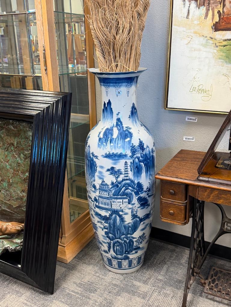 TALL BLUE AND WHITE CERAMIC CHINESE STYLE FLOOR VASE - 2