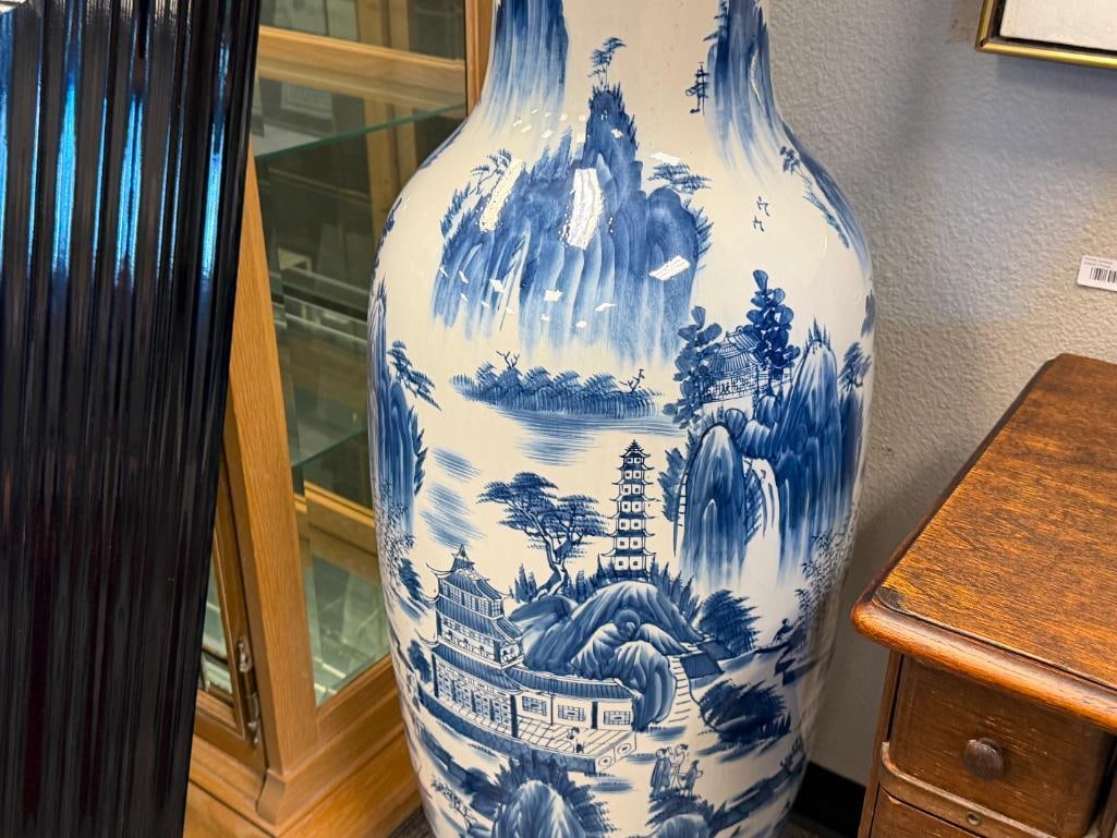 TALL BLUE AND WHITE CERAMIC CHINESE STYLE FLOOR VASE - 3