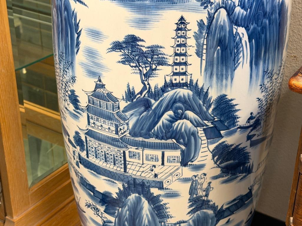 TALL BLUE AND WHITE CERAMIC CHINESE STYLE FLOOR VASE - 4