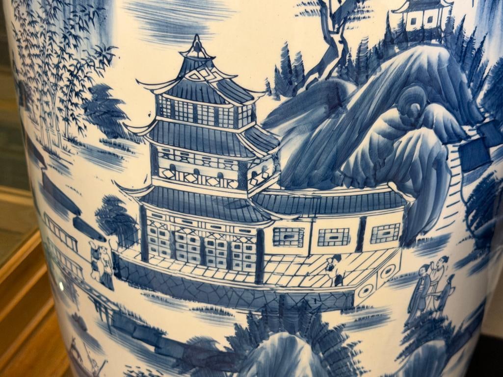 TALL BLUE AND WHITE CERAMIC CHINESE STYLE FLOOR VASE - 5