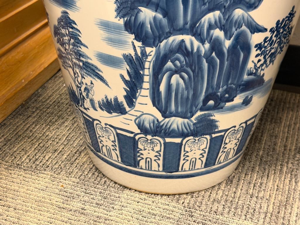 TALL BLUE AND WHITE CERAMIC CHINESE STYLE FLOOR VASE - 6