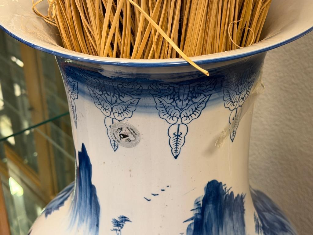 TALL BLUE AND WHITE CERAMIC CHINESE STYLE FLOOR VASE - 7