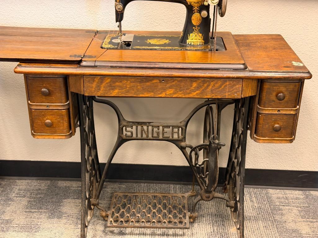 ANTIQUE SINGER TREADLE SEWING MACHINE WITH OAK CABINET AND CAST IRON BASE - 2