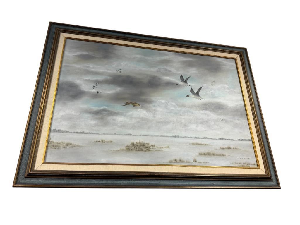 LOUIE PARADISO BANOS, CA ARTIST ORIGINAL PAINTING ON CANVAS DUCKS FLYING OVER A MARSH (1 of 10)