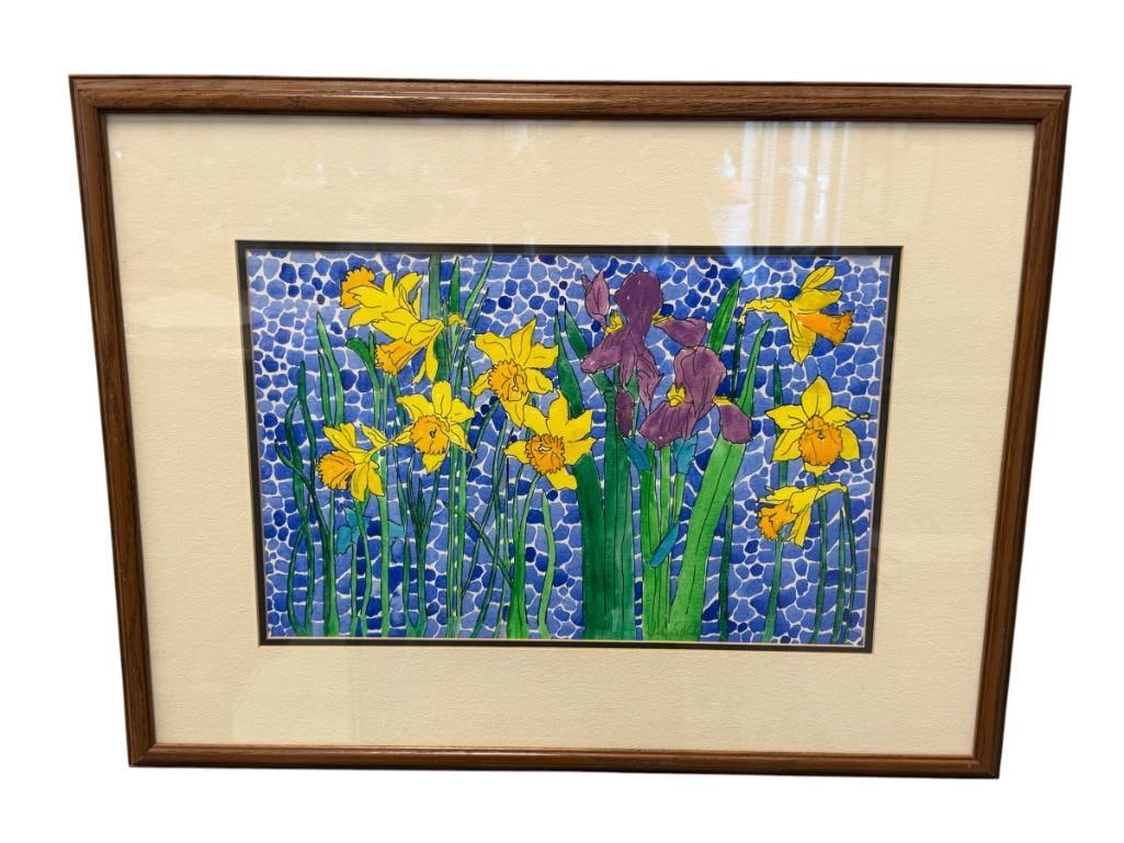 JOHN SOLLID ORIGINAL WATER COLOR PAINTINGS ON VIBRANT FLOWERS: ART DEPICTS VIBRANT FLOWERS WITH BLUE BACKGROUND, SIGNED LOWER RIGHT, FRAMED 25" X 19" FRAME