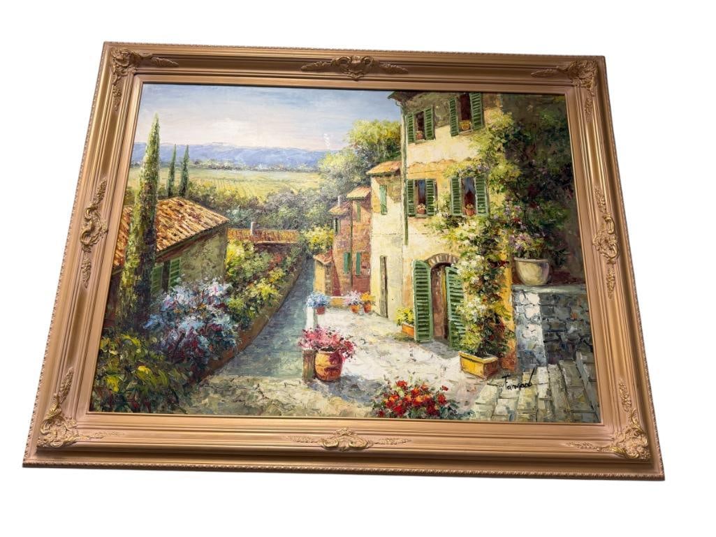 LARGE ORIGINAL HEAVY ACRYLIC ON CANVAS EUROPEAN COUNTRYSIDE LANDSCAPE SIGNED: 57" X 45" FRAME