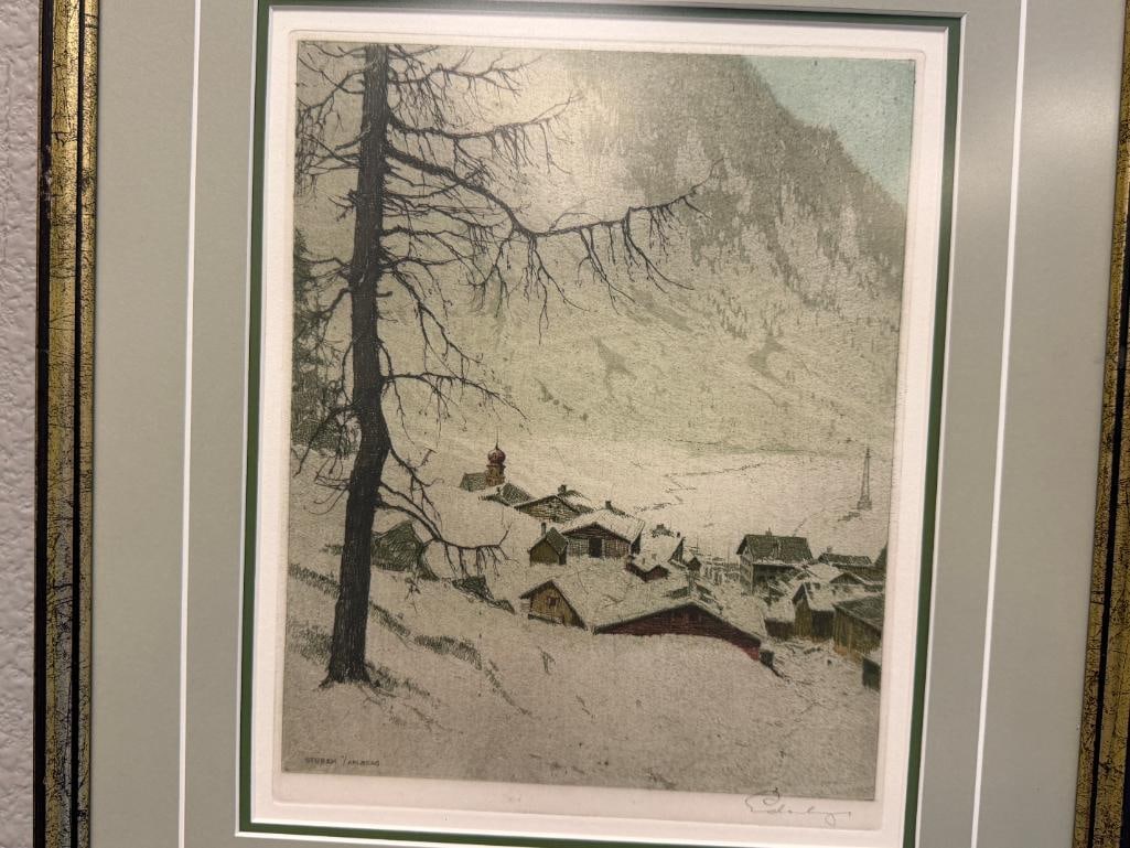 JOSEF EIDENBERGER AUSTRIAN ARTIST COLORED ETCHING STUBEN IN WINTER - 2