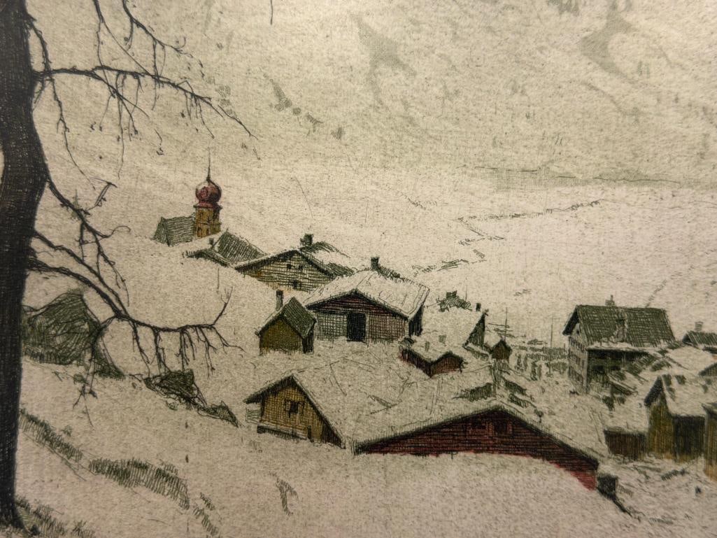 JOSEF EIDENBERGER AUSTRIAN ARTIST COLORED ETCHING STUBEN IN WINTER - 3