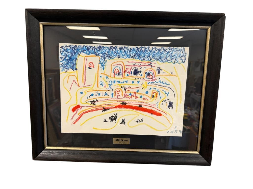 PABLO PICASSO PRINT TITLED L' ARENE DE NIMES FROM HIS 1961 PORTFOLIO TOROS Y TOREROS: PABLO PICASSO (1881-1973) WAS AN INFLUENCIAL SPANISH ARTIST OF THE 20TH CENTURY, KNOWN FOR CO-FOUNDING THE CUBIST MOVEMENT, ART DEPICTS VIBRANT ABSTRACT BULL FIGHTING SCENE, INCLUDES COPY OF A CERTIFI