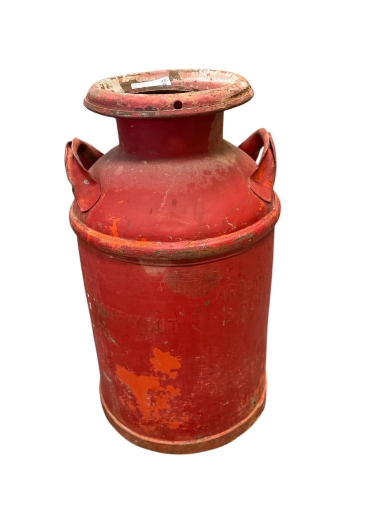 VINTAGE ARDEN FARMS 4 GALLON MILK CAN: PAINTED RED, EMBOSSED LETTERING ON THE FRONT, INCLUDES TOP 23" H