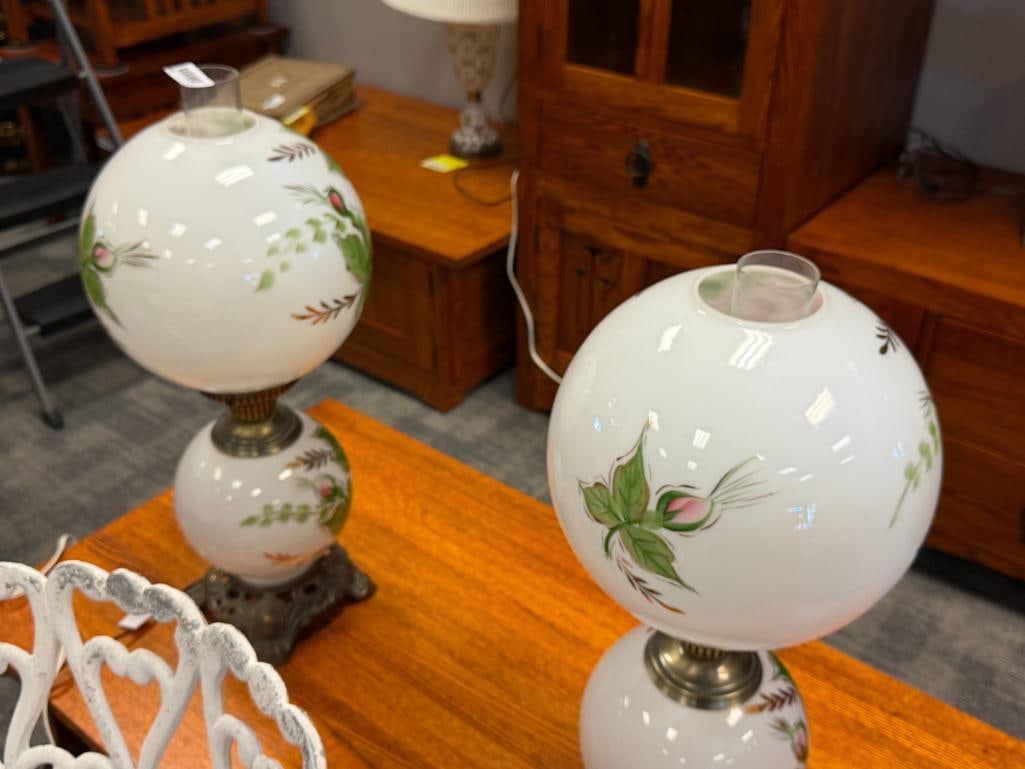 PAIR OF VINTAGE GONE WITH THE WIND LAMPS HAND PAINTED FLORAL MILK GLASS SHADE AND FONT - 11