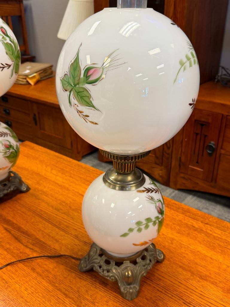 PAIR OF VINTAGE GONE WITH THE WIND LAMPS HAND PAINTED FLORAL MILK GLASS SHADE AND FONT - 12
