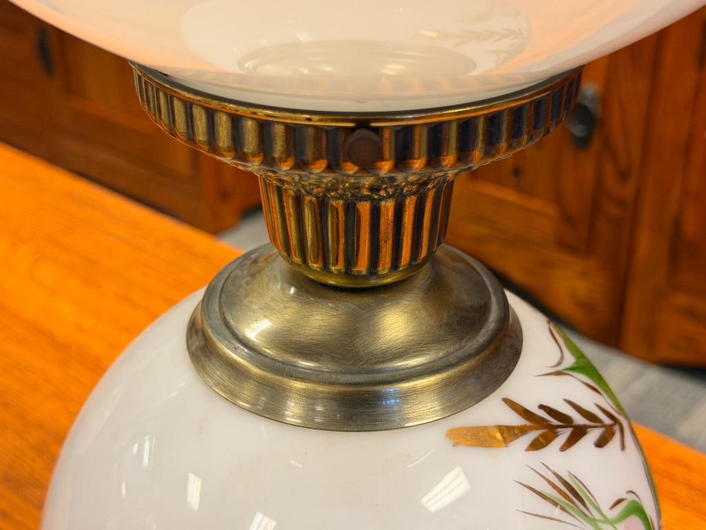 PAIR OF VINTAGE GONE WITH THE WIND LAMPS HAND PAINTED FLORAL MILK GLASS SHADE AND FONT - 13