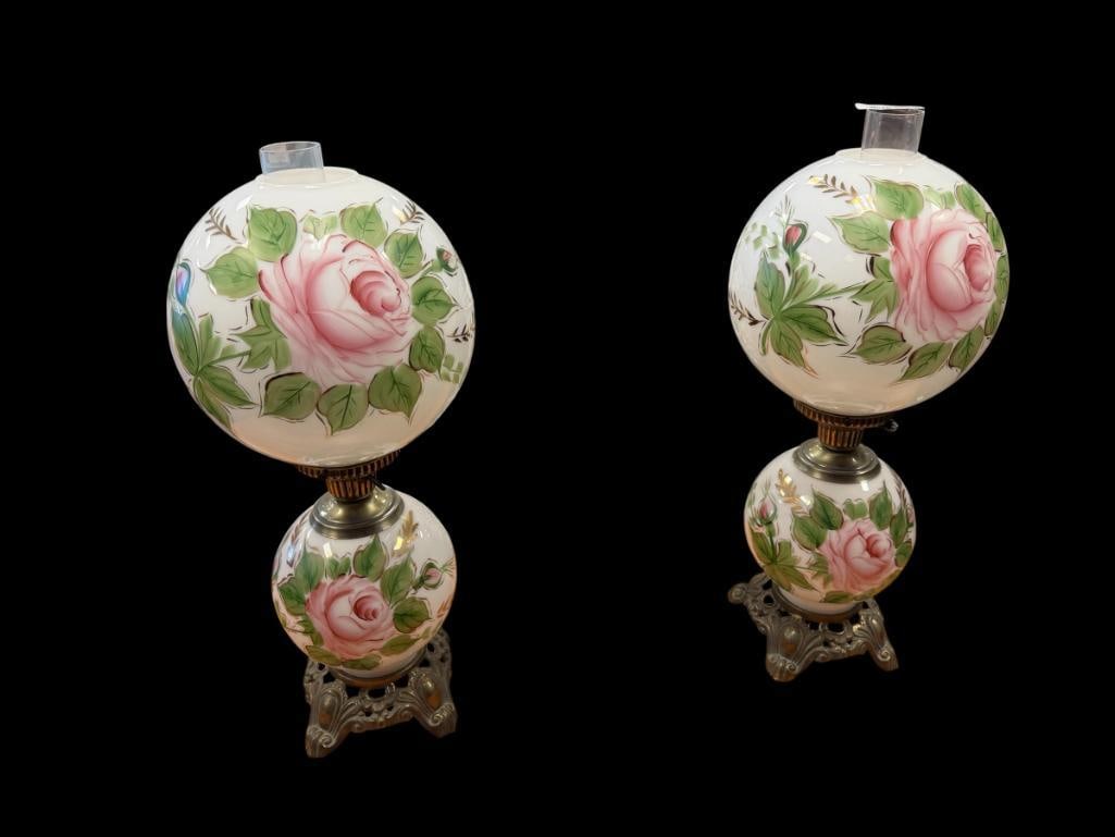 PAIR OF VINTAGE GONE WITH THE WIND LAMPS HAND PAINTED FLORAL MILK GLASS SHADE AND FONT (1 of 13)
