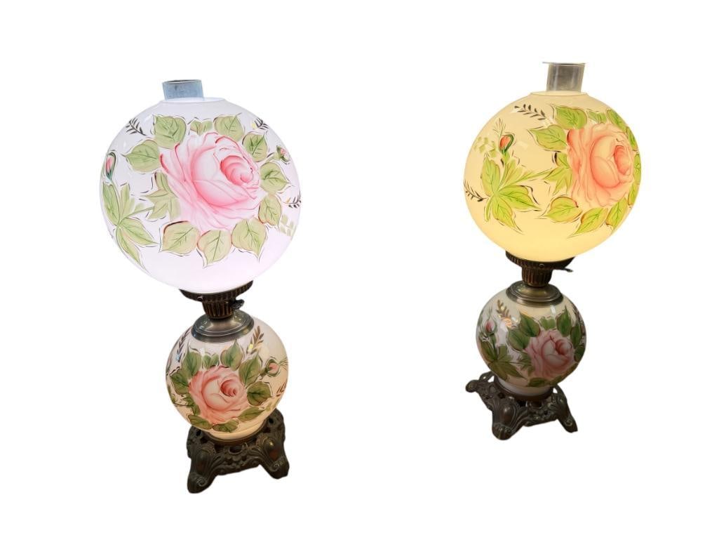 PAIR OF VINTAGE GONE WITH THE WIND LAMPS HAND PAINTED FLORAL MILK GLASS SHADE AND FONT - 2