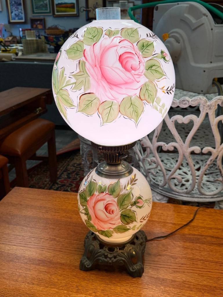 PAIR OF VINTAGE GONE WITH THE WIND LAMPS HAND PAINTED FLORAL MILK GLASS SHADE AND FONT - 3