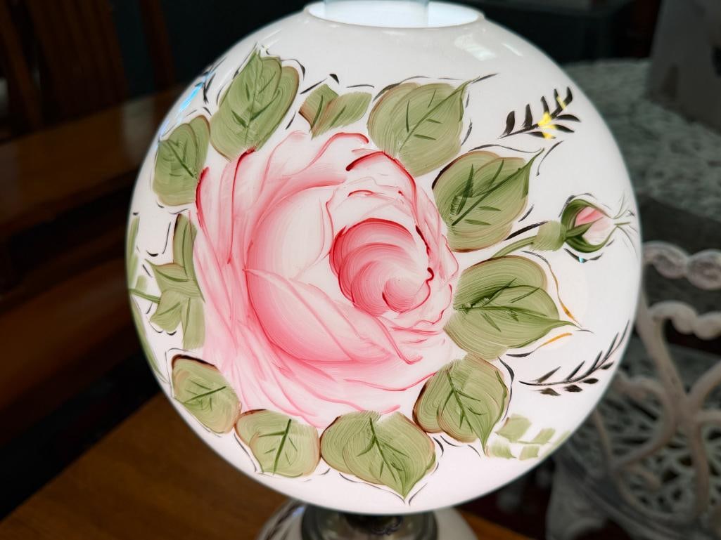 PAIR OF VINTAGE GONE WITH THE WIND LAMPS HAND PAINTED FLORAL MILK GLASS SHADE AND FONT - 4