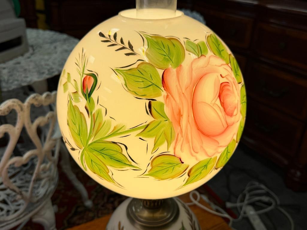PAIR OF VINTAGE GONE WITH THE WIND LAMPS HAND PAINTED FLORAL MILK GLASS SHADE AND FONT - 5