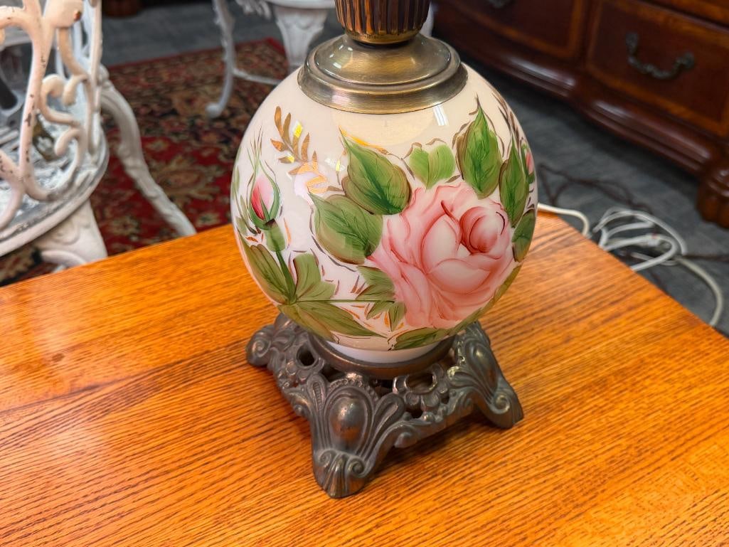 PAIR OF VINTAGE GONE WITH THE WIND LAMPS HAND PAINTED FLORAL MILK GLASS SHADE AND FONT - 6