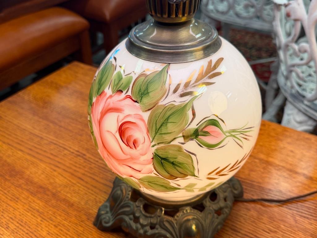 PAIR OF VINTAGE GONE WITH THE WIND LAMPS HAND PAINTED FLORAL MILK GLASS SHADE AND FONT - 7