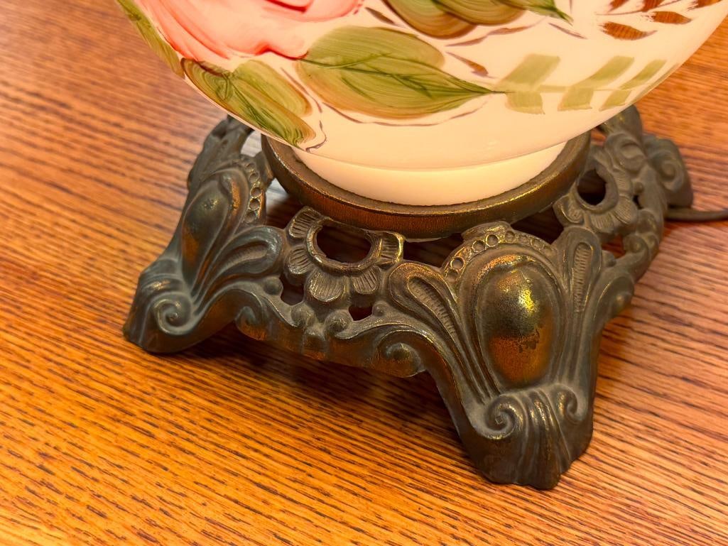PAIR OF VINTAGE GONE WITH THE WIND LAMPS HAND PAINTED FLORAL MILK GLASS SHADE AND FONT - 8