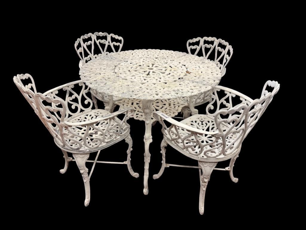 VINTAGE CAST ALUMINUM DECORTIVE PATIO TABLE AND CHAIRS SET (1 of 10)