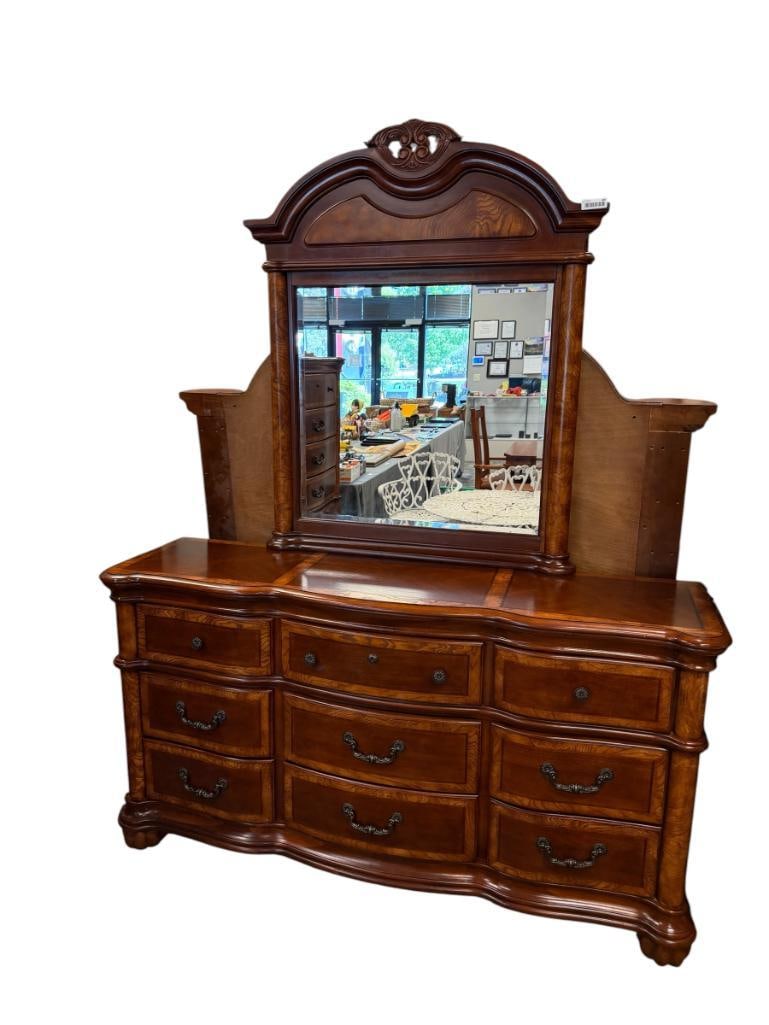 ELEGANT MEDIUM FINISH NINE DRAWER DRESSER WITH ATTACHED MIRROR (1 of 15)