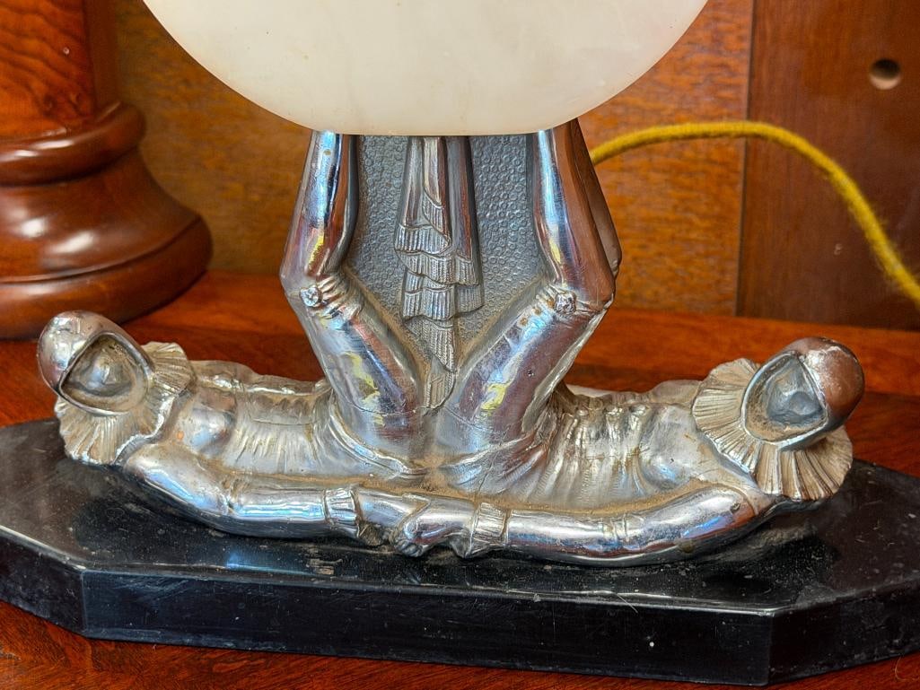 1930'S ART DECO PERIOD JESTERS FIGURAL TABLE LAMP WITH STONE BASE AND STONE SHADE - 2