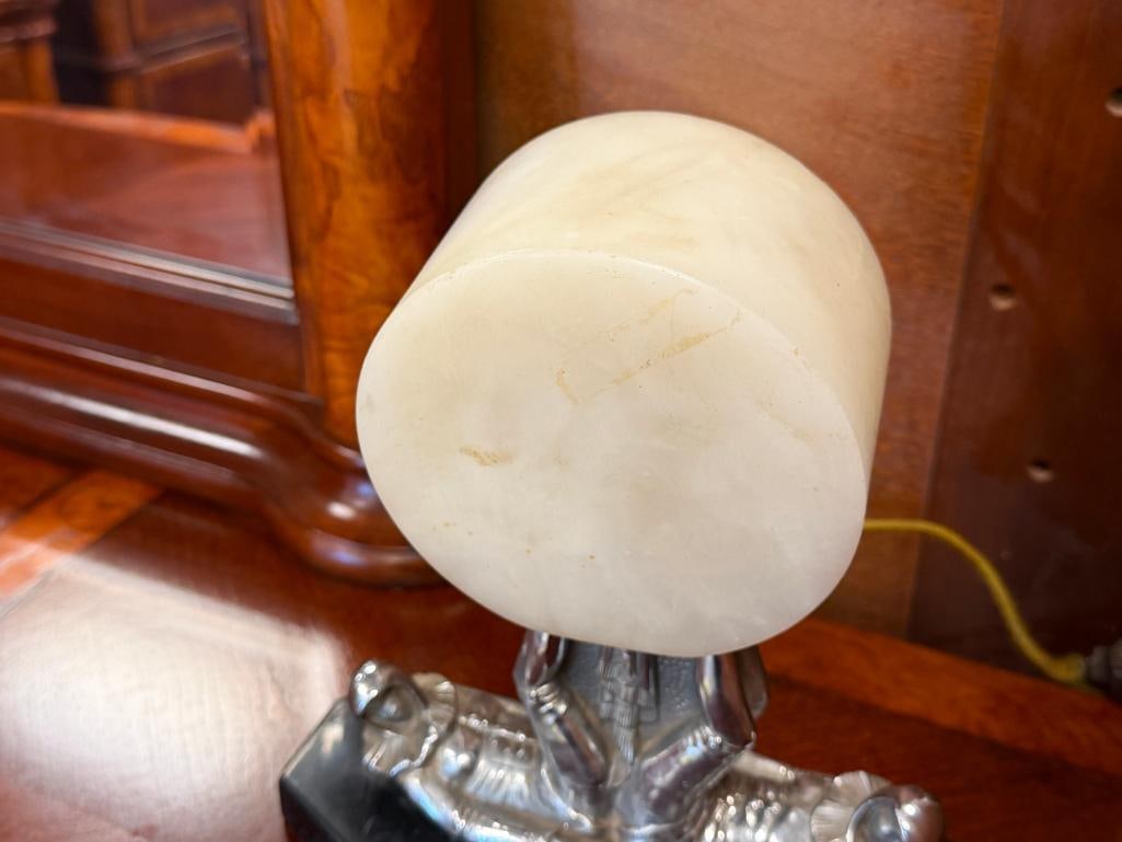 1930'S ART DECO PERIOD JESTERS FIGURAL TABLE LAMP WITH STONE BASE AND STONE SHADE - 4