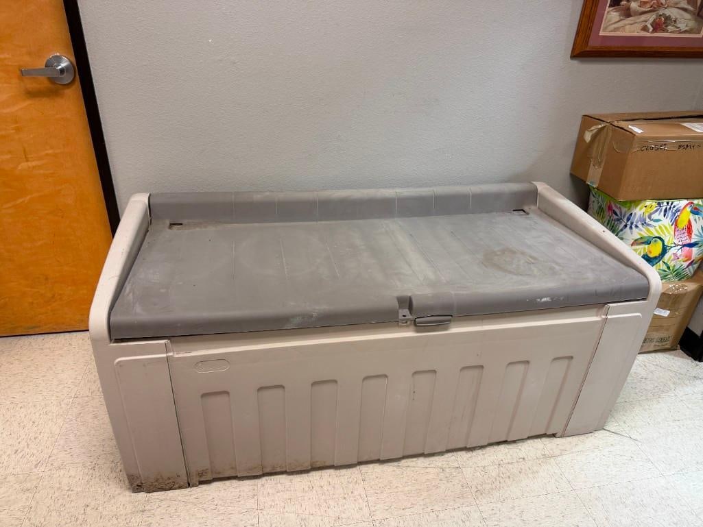 LARGE TWO-TONE GREY PLASTIC OUTDOOR DECK BOX: FEATURES LOCKING HINGED TOP 60" X 27" X 24"