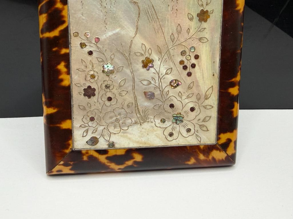 VINTAGE TORTOISE SHELL, MOTHER OF PEARL, AND SHELL FLORAL DESIGN CARD HOLDER CASE - 3