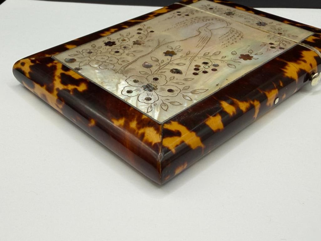 VINTAGE TORTOISE SHELL, MOTHER OF PEARL, AND SHELL FLORAL DESIGN CARD HOLDER CASE - 4