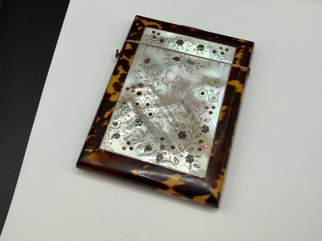 VINTAGE TORTOISE SHELL, MOTHER OF PEARL, AND SHELL FLORAL DESIGN CARD HOLDER CASE - 5