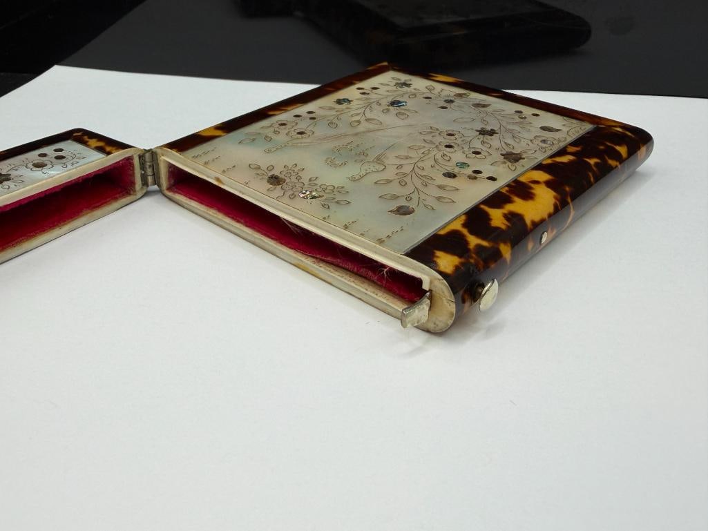 VINTAGE TORTOISE SHELL, MOTHER OF PEARL, AND SHELL FLORAL DESIGN CARD HOLDER CASE - 8