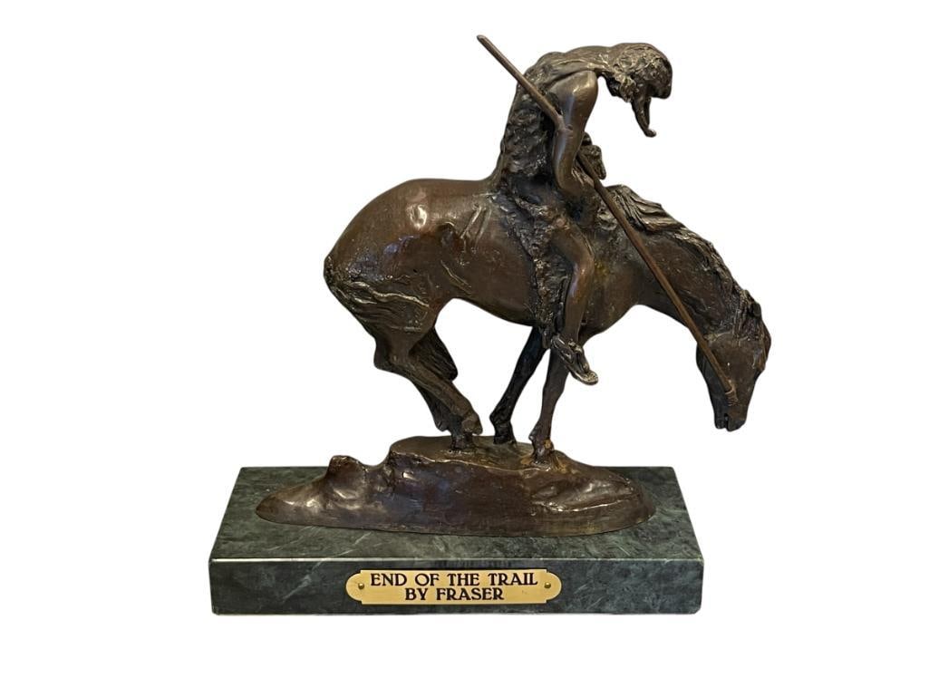 JAMES EARLE FRASER AMERICAN SCULPTOR RESTRIKE BRONZE SCULPTURE END OF THE TRAIL: JAMES EARLE FRASER (1876-1953) WAS AN AMERICAN SCULPTOR RAISED IN SOUTH DAKOTA, WASHINGTON ICONIC STRUCTURES ARE ADORNED WITH HIS SCULPTURES, SCULPTURE DEPICTS NATIVE AMERICAN MAN ON HORSEBACK