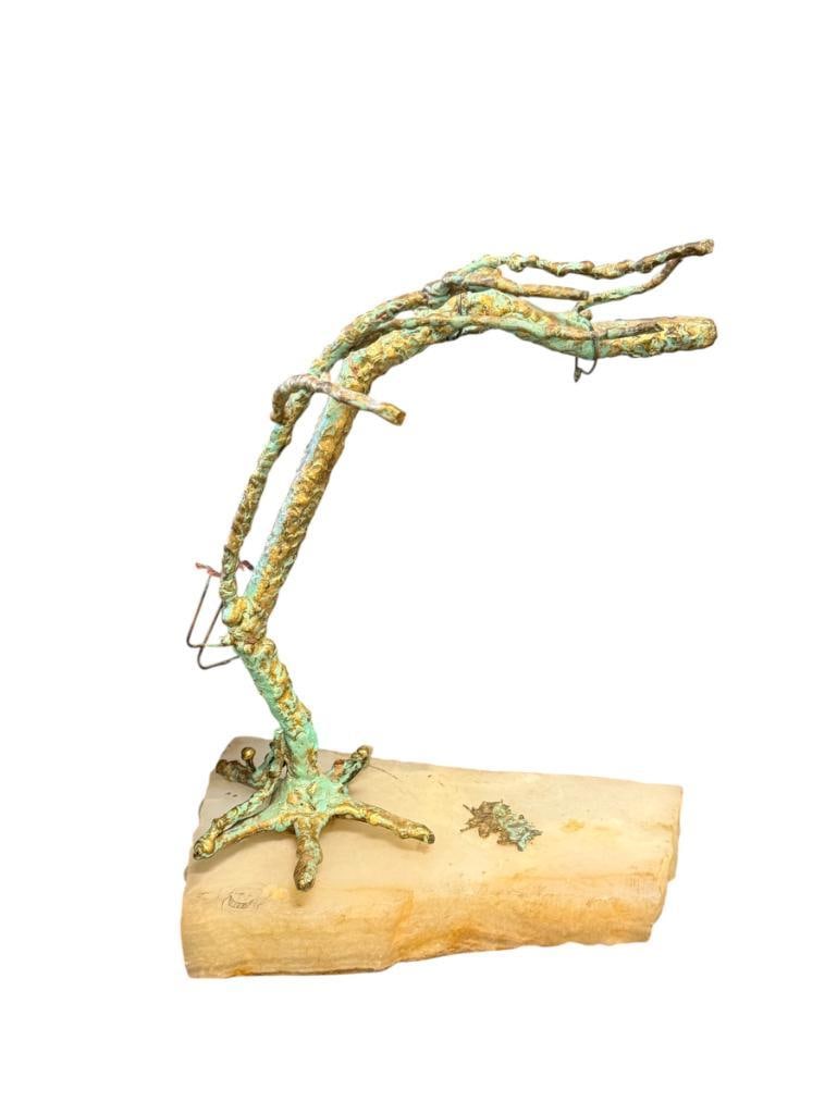 20TH CENTURY HAND CRAFTED BRUTALIST STYLE BRASS TREE SCULPTURE ON STONE BASE: WEATHERED PATINA WITH EXPOSSED ROOTS ON THE BASE, ON NATURAL CUT STONE BASE 11 3/4" H