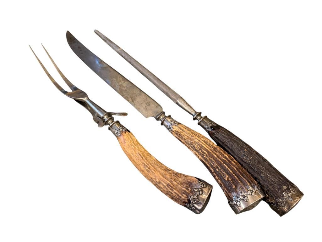 LANDERS FRARY & CLARK ANTIQUE THREE PIECE STERLING SILVER AND STAG HANDLED CARVING SET (1 of 7)