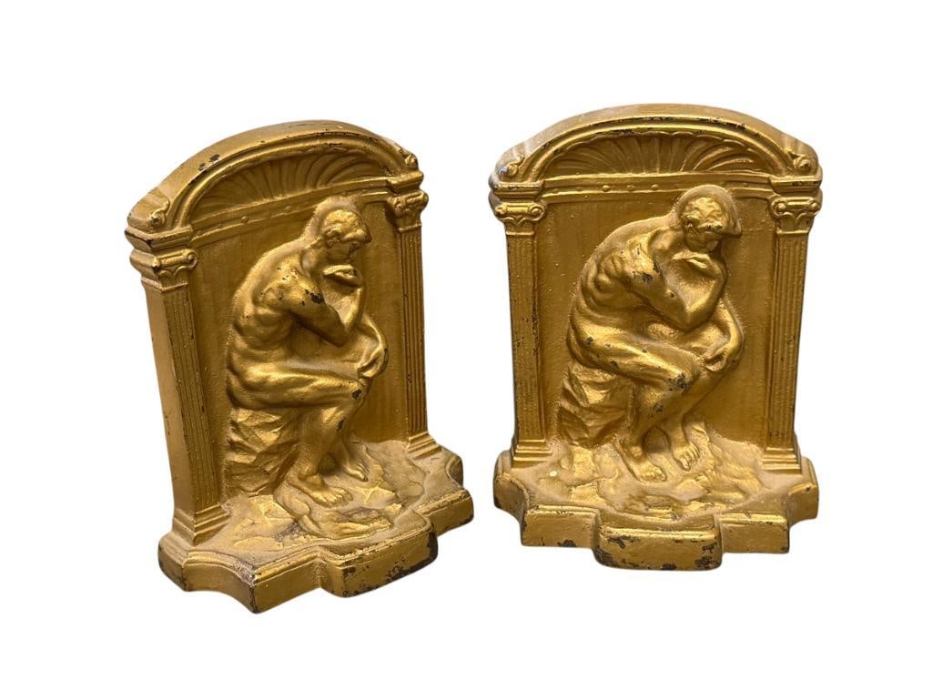 VINTAGE CAST IRON RODIN'S THE THINKER BOOKENDS IN GOLD FINISH ART DECO PERIOD (1 of 6)