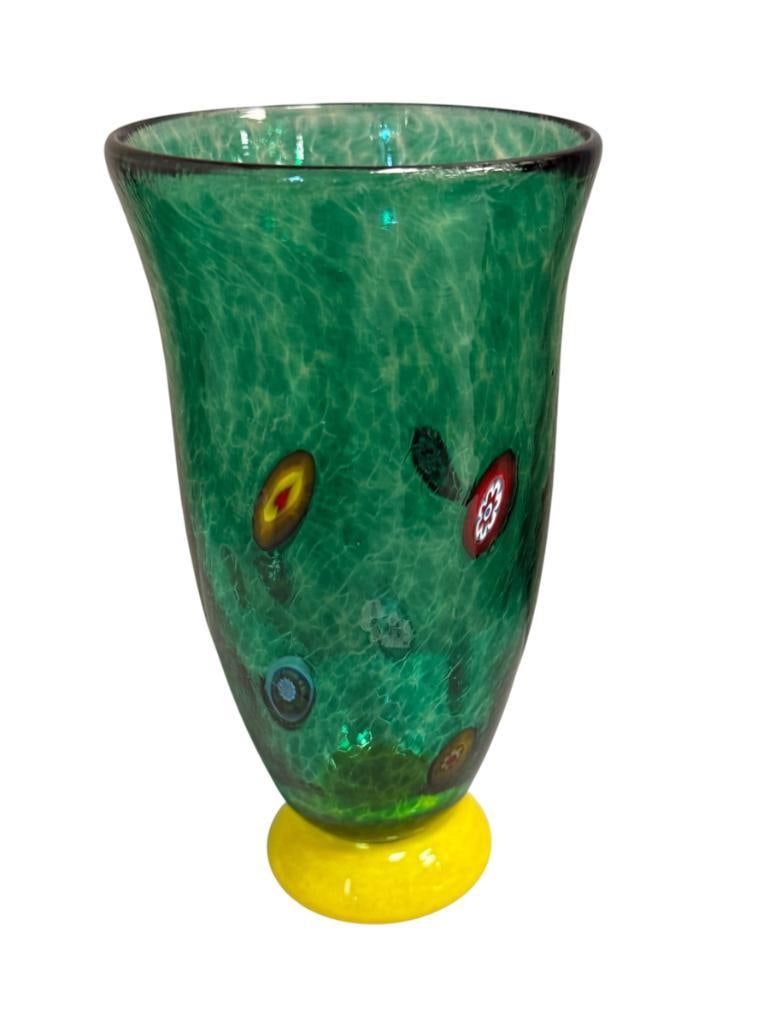 HAND BLOWN ART GLASS MILLEFIORI FOOTED VASE: YELLOW AND GREEN HAND BLOWN ART GLASS VASE, NO MARKINGS OR SIGNATURE, NO CRACKS OR CHIPS 7" H