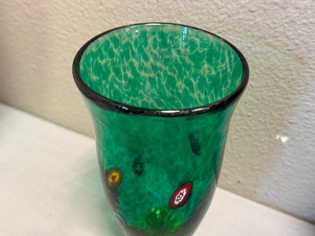 HAND BLOWN ART GLASS MILLEFIORI FOOTED VASE - 2