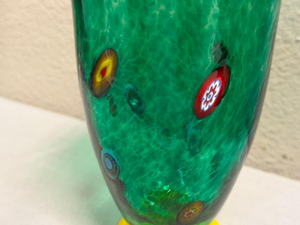 HAND BLOWN ART GLASS MILLEFIORI FOOTED VASE - 3