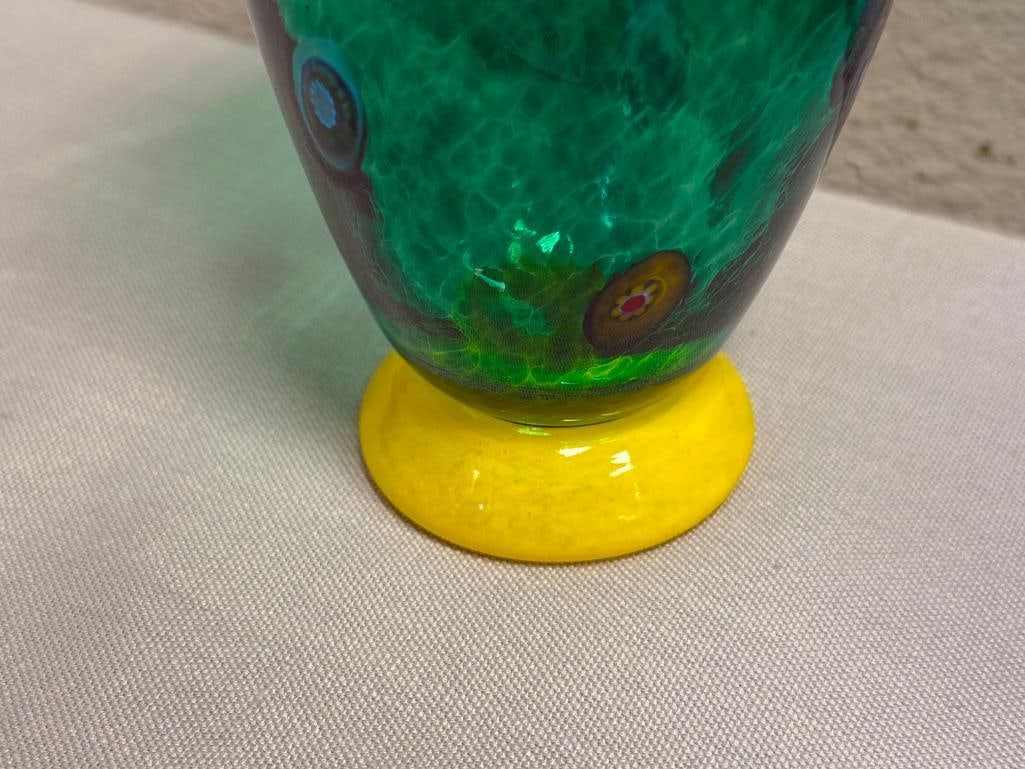 HAND BLOWN ART GLASS MILLEFIORI FOOTED VASE - 4