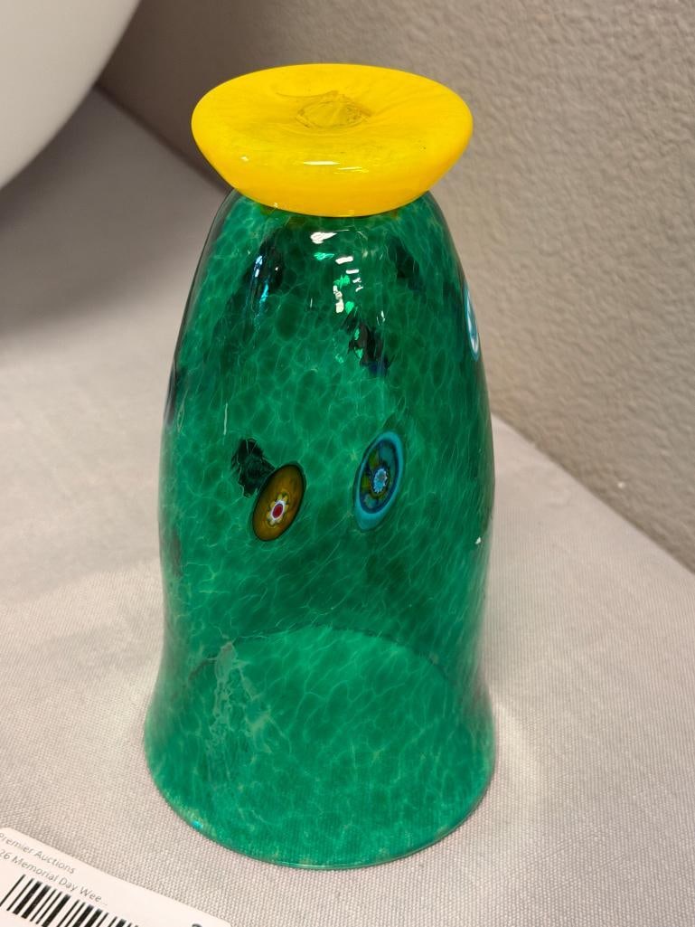 HAND BLOWN ART GLASS MILLEFIORI FOOTED VASE - 5